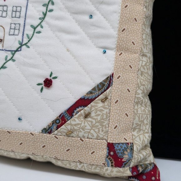 Handmade Quilted Beaded Throw Pillow Embroidered House & Heart Design 10" Square - Picture 5 of 13